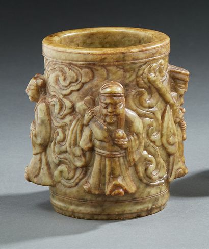 CHINE Steatite brush holder carved with four celestial temple guardians on a cloud...