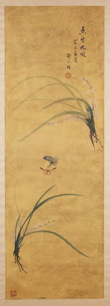 CHINE Encre et couleurs sur soie, papillons et orchidées.
Peintre : ZOU Yigui (1686-1772)...