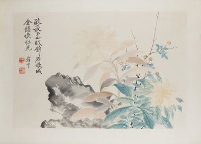 CHINE Quartre peintures encre et couleurs sur papier.
-Fleurs parimi la pierre, une...