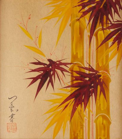 JAPON Stylized bamboos
Mixed media on paper, signed lower left.
Dim.: 26 x 23 cm...