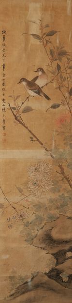 CHINE Ink and colours on paper showing two birds among chrysanthemums. Calligraphy...