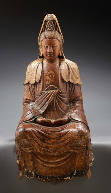 JAPON Importante divinité en bois laqué et sculpté.
XVIIIe/XIXe siècle.
H. : 67 ...