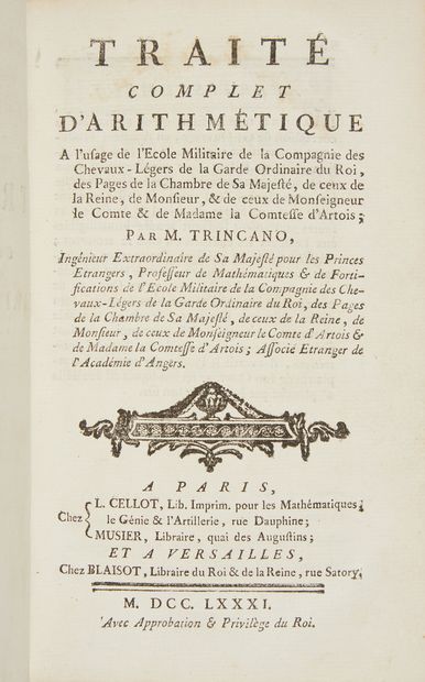 TRINCANO, Didier Grégoire. Traité complet d'arithmétique à l'usage de l'école militaire...