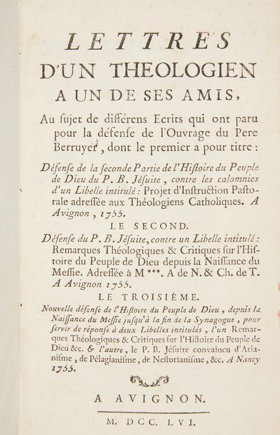 [BERRUYER, Isaac-Joseph]. Letters of a theologian to one of his friends, about different...