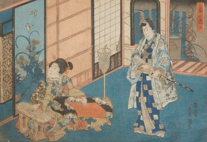 null Deux estampes, chuban yoko-e par Toyokuni III, samourai et geisha, et oban tate-e...