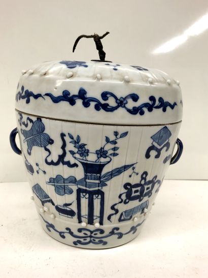 null CHINE 


Pot couvert en porcelaine décoré en bleu d'objet de lettrés





H.:21...