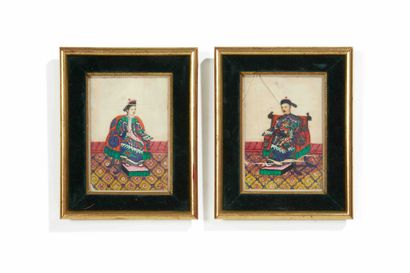null CHINA - A pair of paintings on rice paper. Decorated in polychrome with a couple...