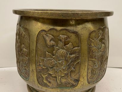 null CHINE - Important cache pot en bronze à patine médaille à décor naturaliste...