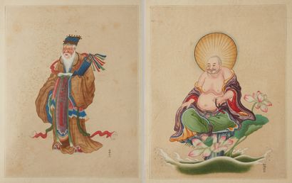 CHINE Portraits of deities. Watercolors signed. 19th century Canton.