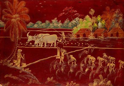 VIETNAM Rectangular lacquered plate representing peasants working in a rice field...
