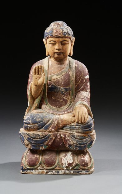 CHINE Polychrome wooden Buddha
H.: 73 cm