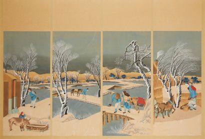 JAPON Quadriptique en gouache peinte représentant des traversées de ponts en hiver....