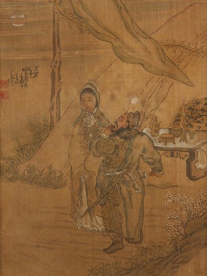 CHINE Three paintings on silk depicting scholars, two of whom are in a boat made...