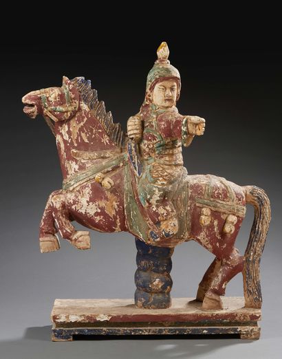 CHINE Important polychrome wooden sculpture of a warrior on his horse. Ming style,...