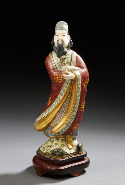 CHINE Cloisonné bronze figurine of a dignitary holding a goose in his arms, the face...