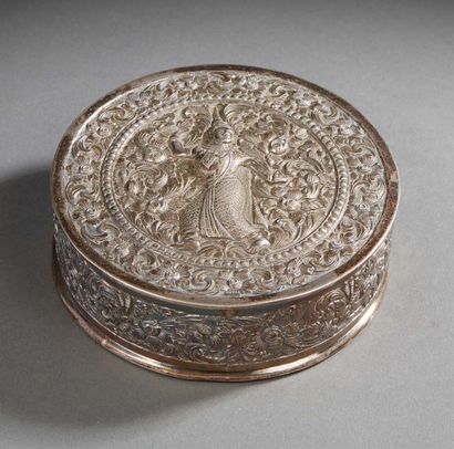 INDE Round silver box with repoussé decoration of foliage and a dancer on the lid.
Marked...