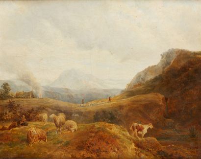 Jacques Raymond BRASCASSAT (1804-1867) Berger et son troupeau huile sur toile, signée...