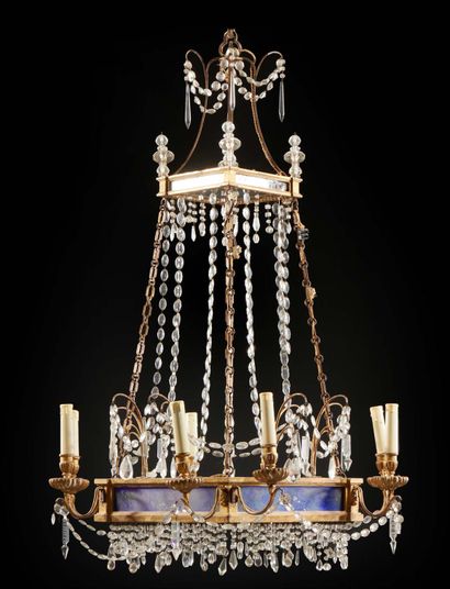 null EIGHT LIGHTS LIGHTING in bronze, iron, wood and painted glass; the crown with...
