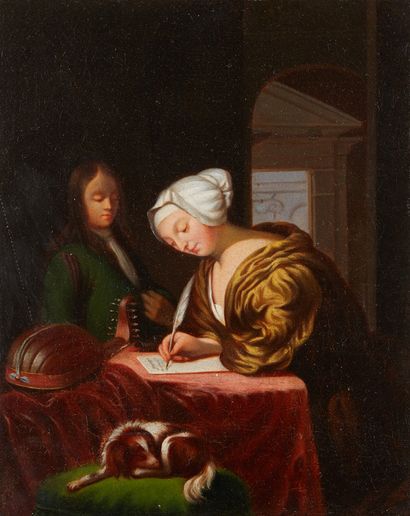 ÉCOLE HOLLANDAISE DU XIXe SIÈCLE, DANS LE GOÛT DE FRANS VAN MIERIS La lettre
Toile
27...