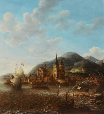 JAN ABRAHAMSZ BEERSTRATEN (AMSTERDAM 1622 - 1666) Dutch ships near a town Oak panel,...