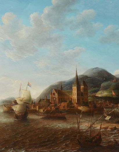 JAN ABRAHAMSZ BEERSTRATEN (AMSTERDAM 1622 - 1666) Dutch ships near a town Oak panel,...