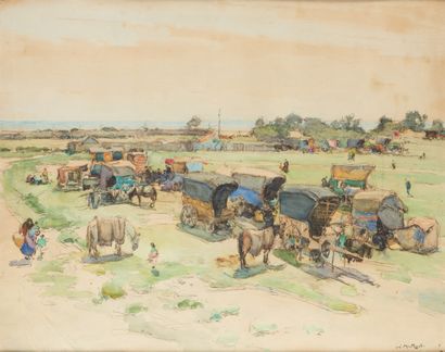 Louis Agricol MONTAGNE (1879-1960) Caravanes en bord de mer
Technique mixte sur papier,...