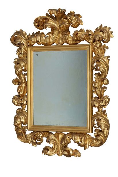 null Pair of important carved and gilded wood mirrors with large acanthus leaves...