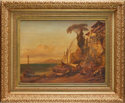 EDME-FRANÇOIS DAUBIGNY (PARIS 1789 - 1843) Vue de la côte italienne Sur sa toile...