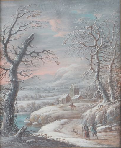 École HOLLANDAISE du XIXe siècle Fire scene in a village Walkers in a snowy landscape...