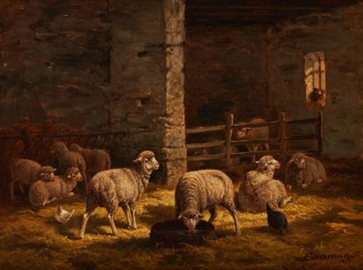 Charles Ferdinand CERAMANO (1829-1909) Moutons dans la bergerie
Huile sur toile,...