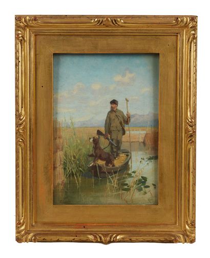 Eugenio Cecconi (1842-1903) Chasseur dans un marais dans une barque avec son chien
Huile...
