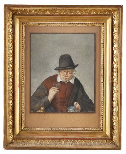 École HOLLANDAISE du XIXe siècle Femme fumant
Homme buvant
Paire de dessins, aquarelles,...
