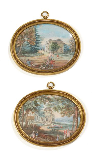 PAIR OF SMALL GOUACHES with oval view on...
