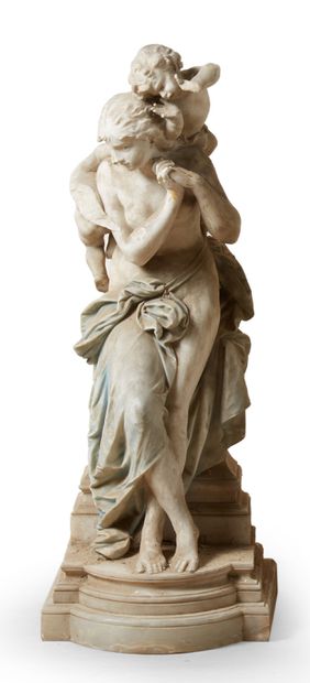 Ecole Française vers 1900 A white marble group representing Love whispering in the...