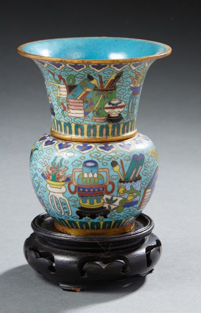 CHINE A small two-part cloisonné bronze baluster vase with a turquoise background...