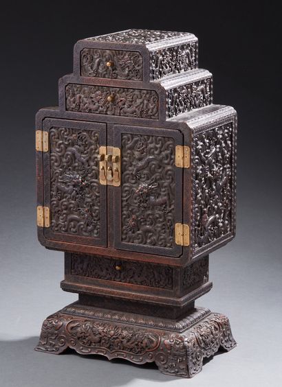 CHINE A rosewood table cabinet and presumed zitan interior of quadrangular shape,...
