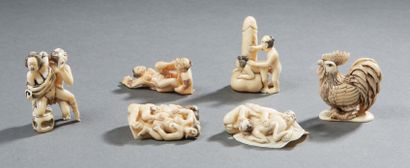 JAPON Set of five carved ivory netsukes with erotic motifs. Another one with a rooster....
