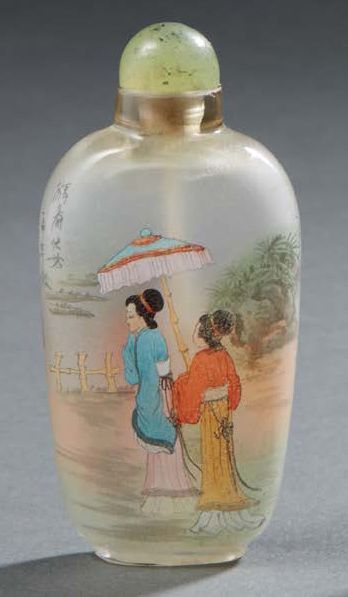 CHINE Glass snuff bottle painted inside with scenes of women in landscapes with poetic...