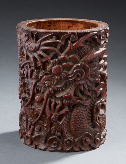 CHINE Two carved bamboo brush holders, the large one decorated with dragons among...