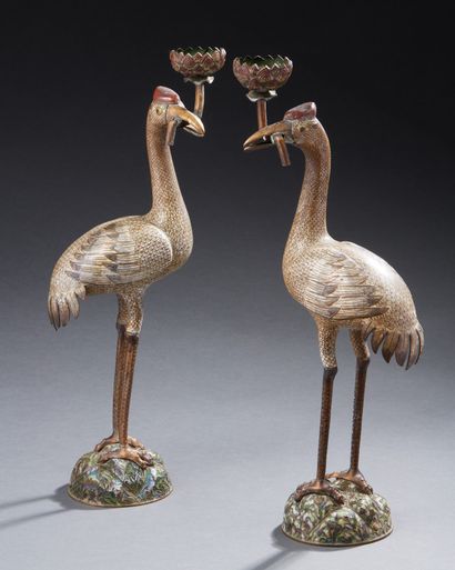 CHINE Pair of cloisonné bronze crowned cranes standing on mounds, a lotus branch...