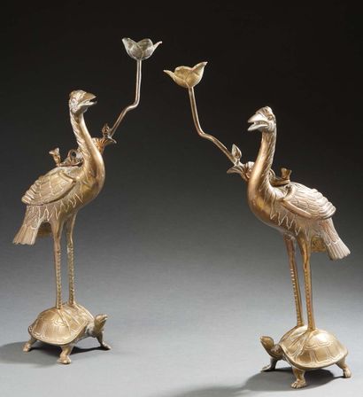 CHINE Pair of crowned cranes resting on turtles with a lotus branch as a torch in...