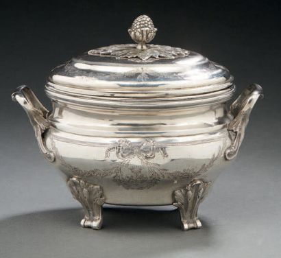 A silver OVAL SUCRIER AND ITS COUVER, with...