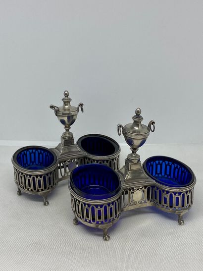 null A PAIR OF DOUBLE SILVER SALONS, the handles in the shape of Medici vases, the...