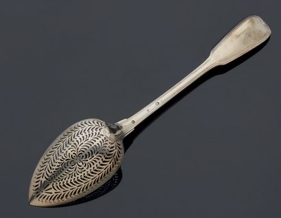 null A silver OLIVE SPOON, threaded model. Spatula engraved with a large monogram...