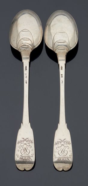 null PAIR OF RAGOOST SPONSORS, uniplat model, the spatulas engraved with a monogram...