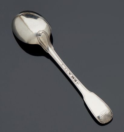 null RARE silver serving spoon, model with nets and double shell with large rounded...