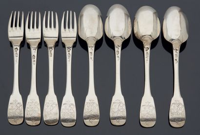 null SET OF FOUR TABLE COVETS in silver, uniplat model, the spatulas engraved with...