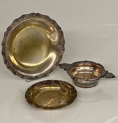 null SILVER SET consisting of a tripod display stand, a soup plate and a bowl with...