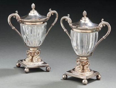 null PAIR OF LARGE silver MOUTARDIERS, Medici shape, four dolphins, scroll handles,...