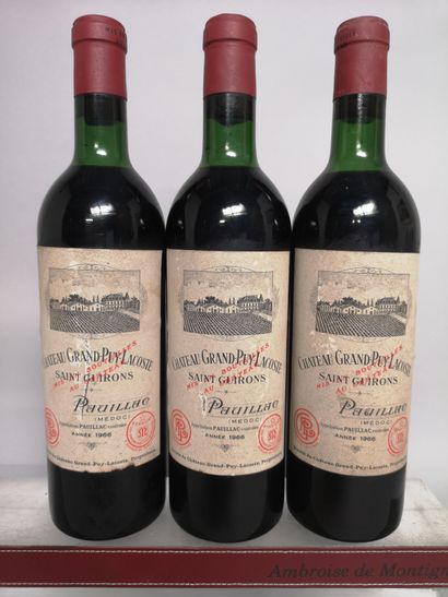 null 3 bouteilles Château GRAND PUY LACOSTE - 5e GCC Pauillac 1966 Étiquettes légèrement...